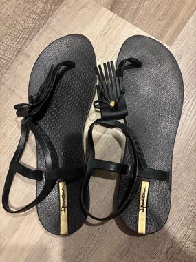 Ipanema Women's Black Fringe T-Strap Sandals with Gold Accent